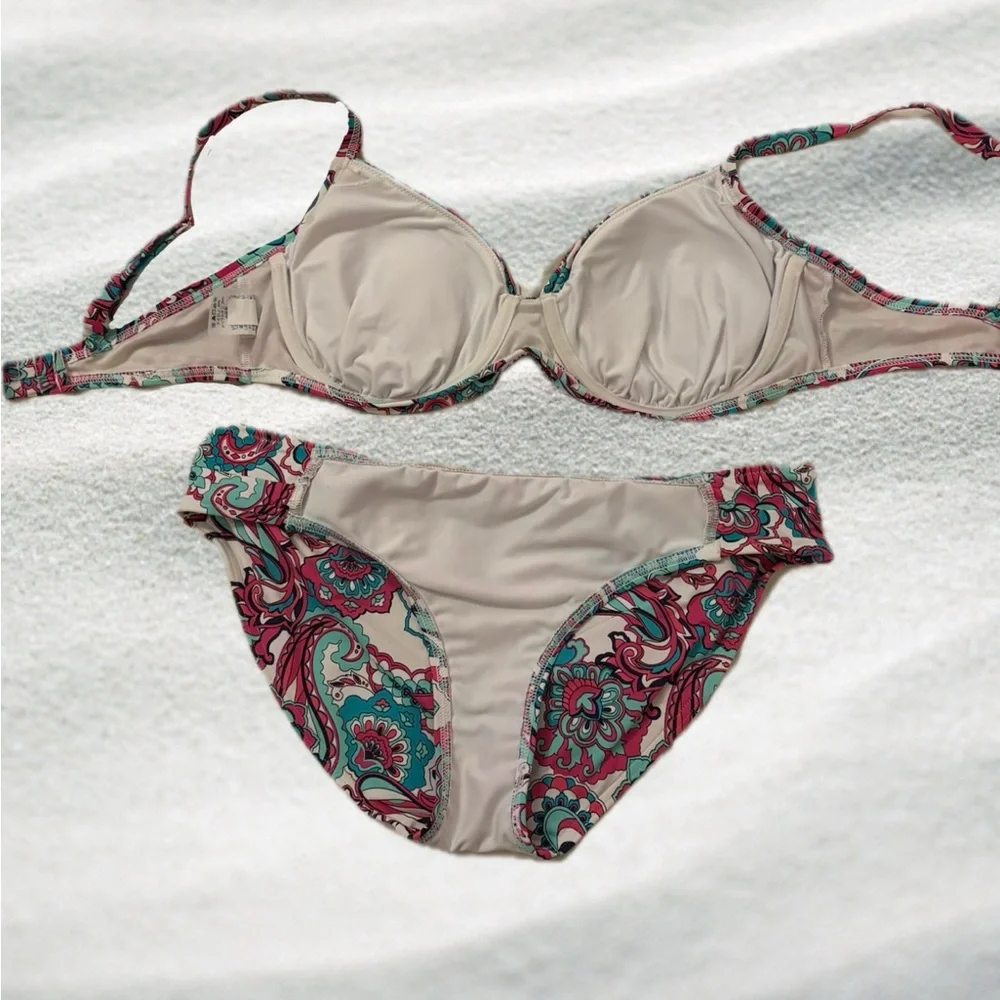Lands' End Teal, Pink & Cream Paisley Bikini Set - Picture 2 of 4